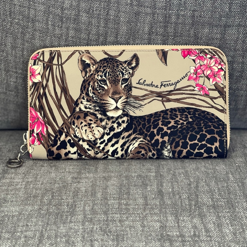 New Salvatore Ferragamo Animal Print Zip Around Wallet